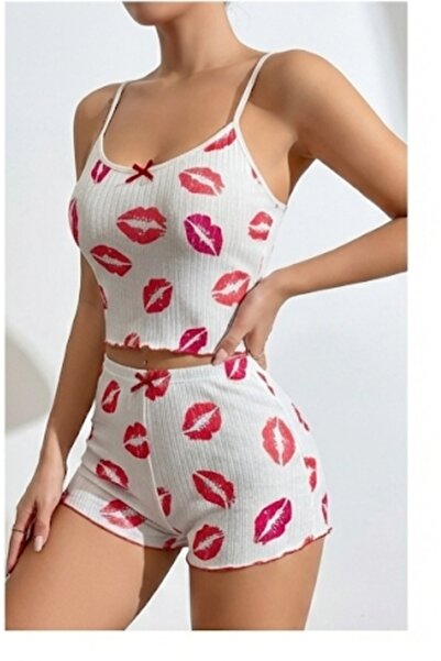 MODA YILDIZ Γυναικείο σετ πιτζάμα με λευκό σχέδιο με λουράκια