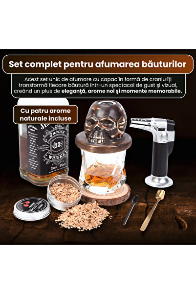 OEM Set afumătoare cu afumătoare ceramică în formă de craniu, pentru whisky/cocktailuri, 4 arome de lemn și torță