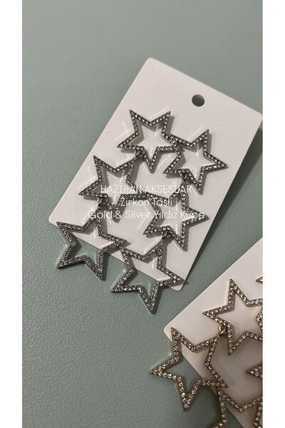 Haziran Aksesuar Zirkon Taşlı, Sallantılı, Yıldız Figürlü, Gümüş Çelik Kadın ...