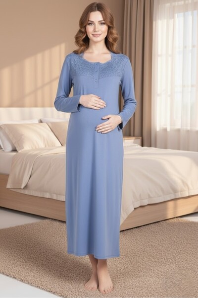 Lohusa Homewear Women's Indigo Lace Button Detailed Long Sleeve Plus Size (Ov...