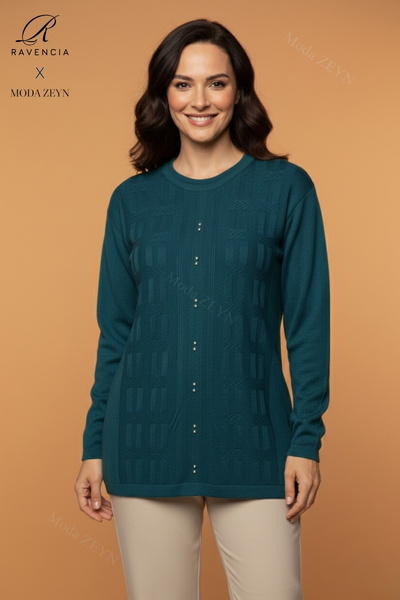 Ravencia Жіночий велосипедний комір з еластичним малюнком Трикотажний светр N...