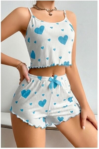 PİERLES Women's white blue heart patterned suspender shorts pajama set