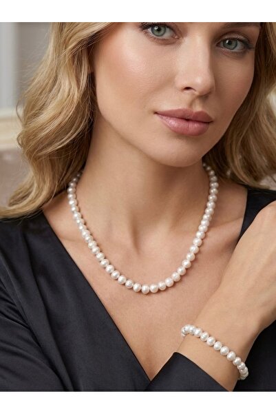 Zokak Sertifikalı Gerçek 8mm İnci set , 925 Ayar Gümüş , inci kolye, inci bil...