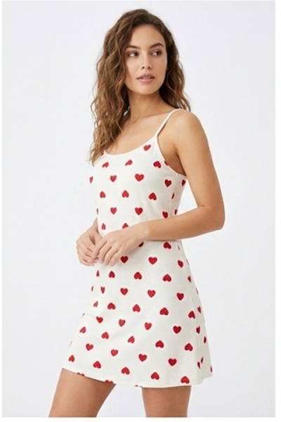 Pi Giyim Women's Cream Heart Patterned Suspender Cotton Nightgown