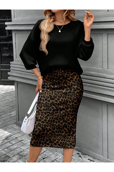 ARONA MDB Kadın Uzun Kollu Bisiklet Yaka Modal Bluz Ve Leopar Desenli Etek Ik...
