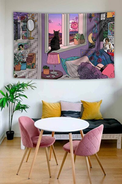 Nivendi Dışarıyı İzleyen Kedi Kumaş Duvar Örtüsü Ev Dekorasyon Duvar Halısı T...