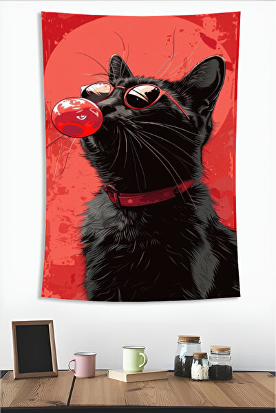 Nivendi Sakız Çiğneyen Kedi Kumaş Duvar Örtüsü Ev Dekorasyon Duvar Halısı Tap...