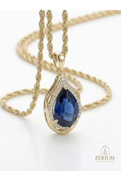 ZERİUM Mavi Taşlı Şık & Zarif Modern Kadın Kolye 316l Çelik