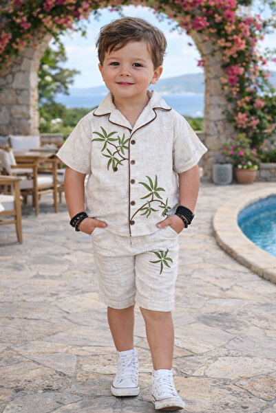CALİSA Boy's 3-5 Years Old Hawaiian Linen Shirt and Shorts Set for Holidays