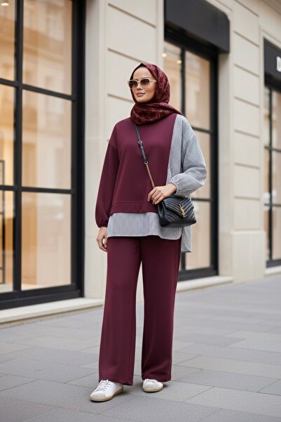 Aselim Hijap Moda Women's Hijab Set Line Double Shirt Set Dark Burgundy