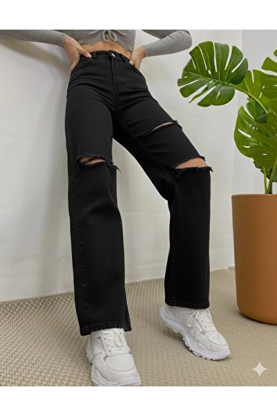 BİENAL BUTİK Black Ripped Women's Loose Stretch Fabric 90's Super High Waist ...