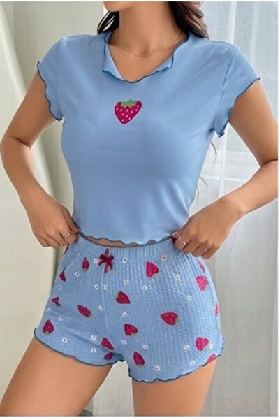 PİERLES Women's blue strawberry print ruffle short sleeve pajama set with shorts