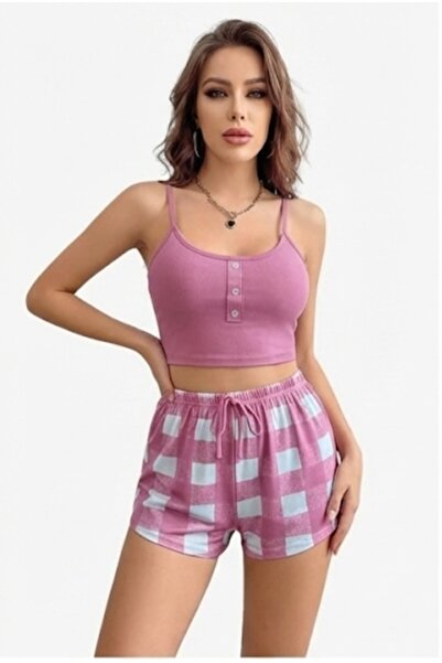 Pi Giyim Women's lilac button-detailed checkered strap shorts pajama set