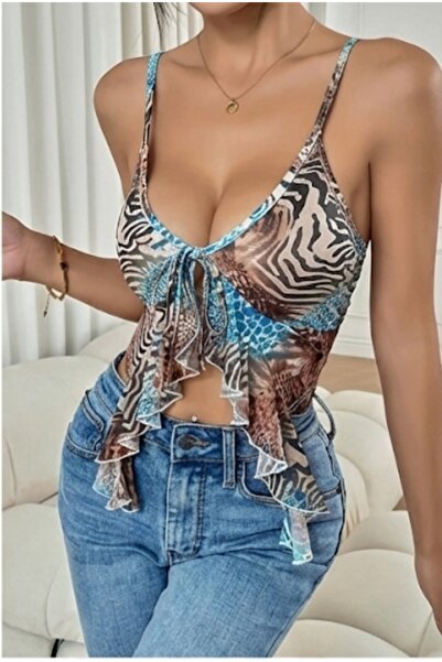 SİERNA Women's Patterned Drawstring Ruffled Bustier Top