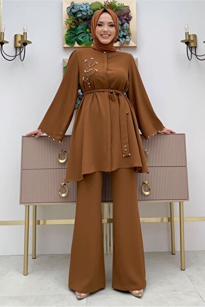 TRENDTESETTÜR KADIN TABA TAŞ İŞLEME DETAYLI KUŞAKLI KREP TAKIM T 2348