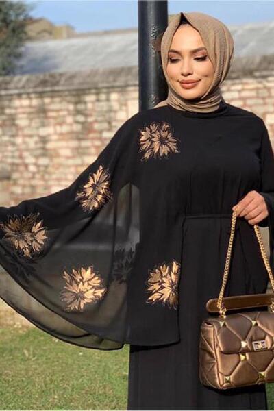 TRENDTESETTÜR Women's Black Patterned Bat-Sleeve Dress t 9353