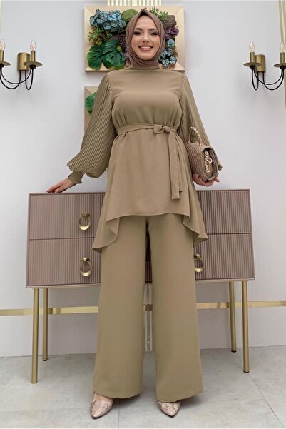 TRENDTESETTÜR KADIN VİZON KOLU PİLİSELİ GENİŞ PAÇA PANTOLONLU TAKIM T 5348