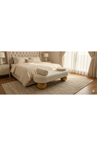 pufftable Puftable Ahşap top ayaklı bench puf krem teddy kumaşlı