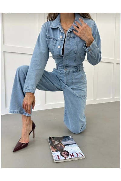 MissPul Kadın Premium Kalite Uzun kollu Düğmeli Salaş Salopet Tulum