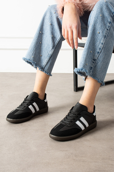 eformoda by emre yılmaz Siyah Beyaz Unisex Kadın Erkek Şeritli Rahat Taban Günlük Sneaker Spor Ayakkabı