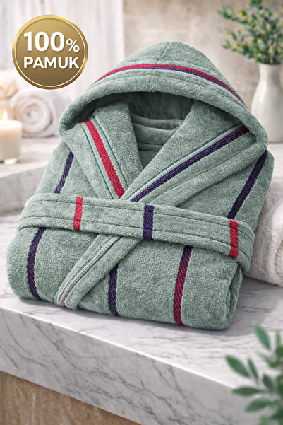 İQON 100% бавовняний унісекс халат для ванної кімнати з смужками, зелений