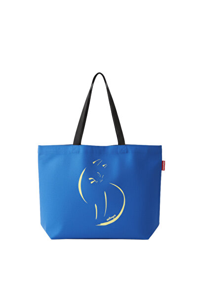 Baghashtag Mavi Kedi Baskılı Gabardin Bez Çanta