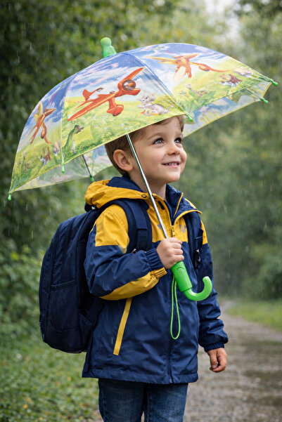 Jaju Baby Yeşil Uçak Desenli Düdüklü Çocuk Şemsiye