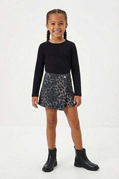 NEWKİDS Leopar Baskılı %100 Pamuk Kız Çocuk Kot Şort Etek