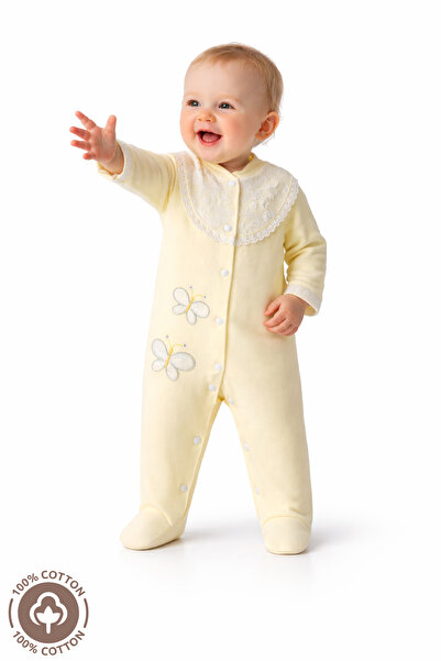 Miniel Kız Bebek Nakışlı Güpür Detaylı 3-6-9 Ay Penye Organik Pamuklu Patikli...