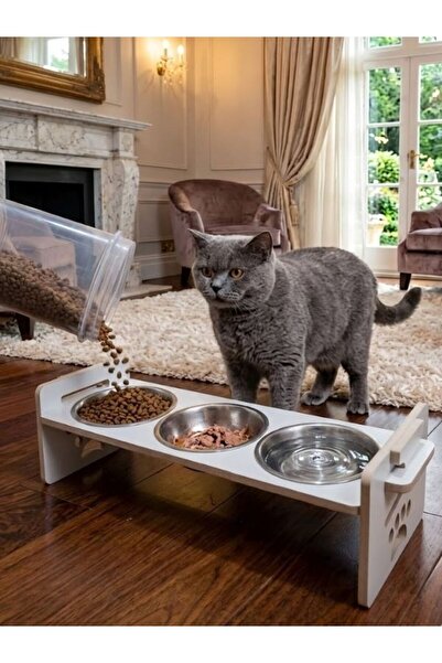 Genel Markalar Kedi Köpek Mama Kabı 3 Gözlü Ayarlanabilir Ahşap & Paslanmaz Ç...