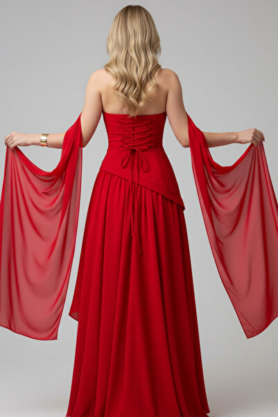 Stile Bella Kadın Straplez Derin Yırtmaç Detaylı Kuşaklı Elbise