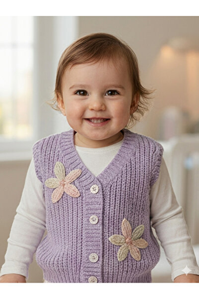 Mihrumay Kız Bebek Çiçek Motifli Triko Yelek