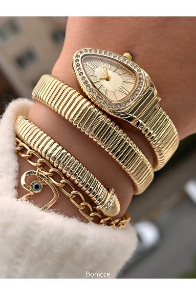 Bonicce علبة هدايا أنيقة ومميزة، موديل ثعبان، لون أصفر، ساعة يد نسائية