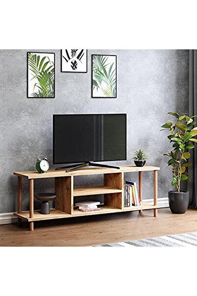 interGO Tv Sehpası Raflı Tv Ünitesi Televizyon Sehpası Ahşap Ayaklı Çam