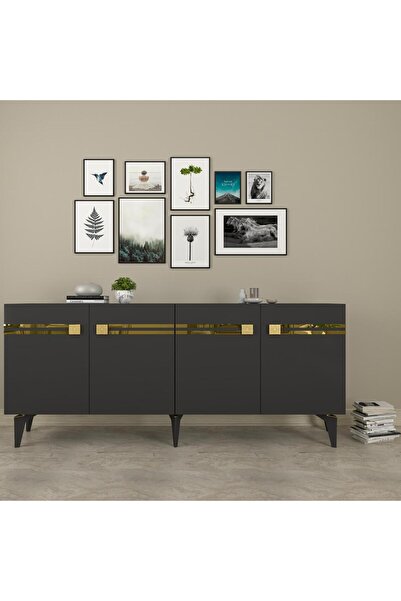 zerkaconcept Vie Konsol Tv Sehpası Çok Amaçlı Dolap Antrasit Altın 150 cm