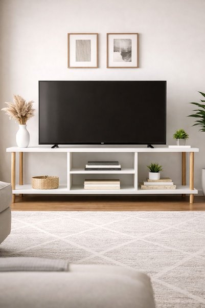 interGO Tv Sehpası Raflı Tv Ünitesi Televizyon Sehpası Ahşap Ayaklı - Beyaz