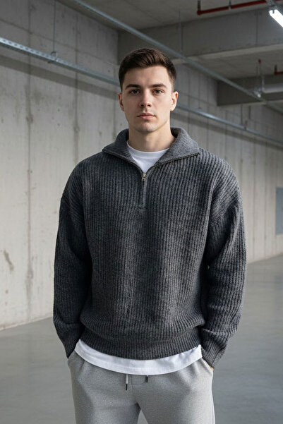 Tarz Cool Erkek Füme Regular Fermuarlı Balıkçı Triko Kazak