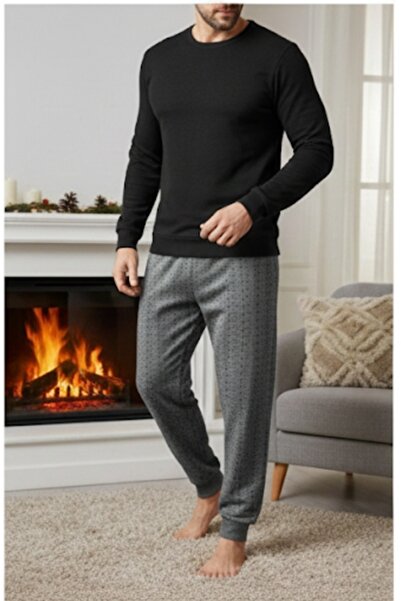 Pi Giyim Мъжки зимни пижами с подплата от шерпа, удобни, меки, с дебела подплата