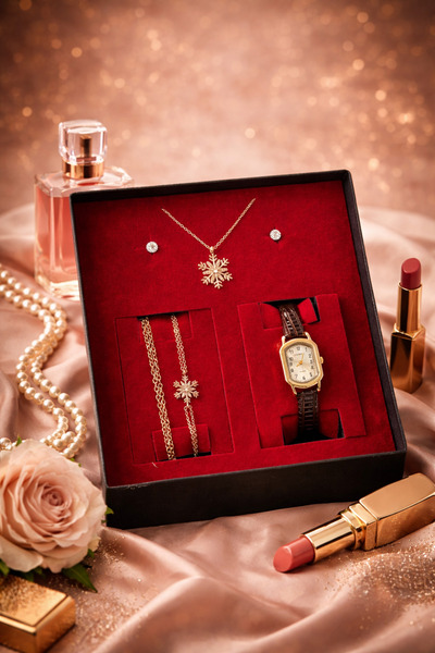 wesscollection Kadın Kol Saati Kolye Bileklik Ve Küpe Seti - ACI KAHVE GOLD