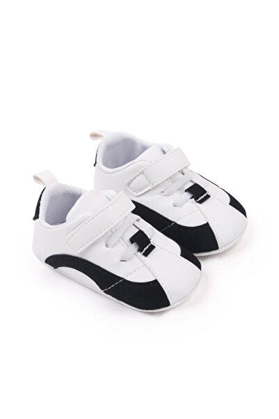 Superbaby Adidasi albi cu negru cu sireturi si bareta cu arici