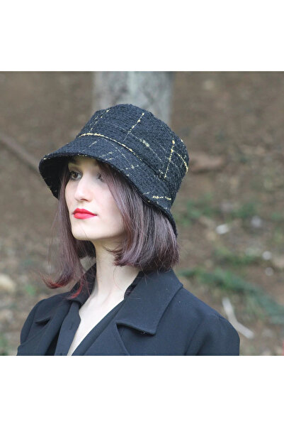 Bay Şapkacı Kışlık Kadın Yün Bermuda Şapka Sarı Çizgili Siyah 9898