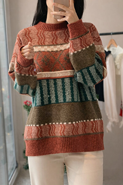 Gülce moda Kadın Oversize Desenli Triko Kazak | Bohem Etnik Salaş Kışlık Kazak