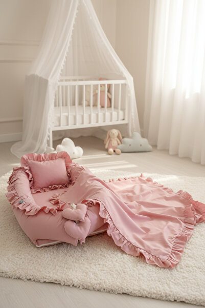 ebabynest Düz Renk Serisi Pembe Fırfırlı Babynest Set