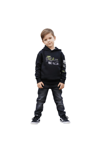 Escabel Boys' Hooded Printed Black Sweatshirt - with Pockets, Cotton, Comfort...
