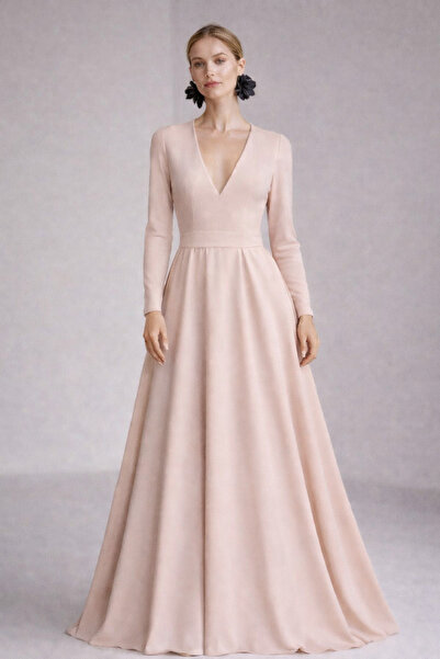 ALYEL NAKER فستان طويل من الكريب بأكمام طويلة وتنورة دائرية كاملة