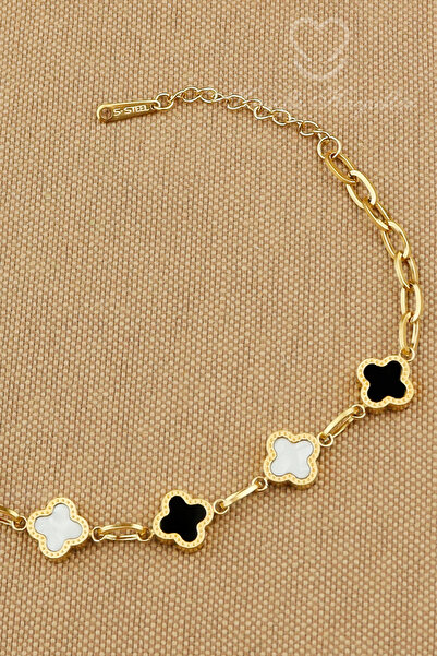 Keyifli Hayaller Siyah Beyaz Yoncalı 316L Halka Zincir Zarif Çelik Bileklik 1...