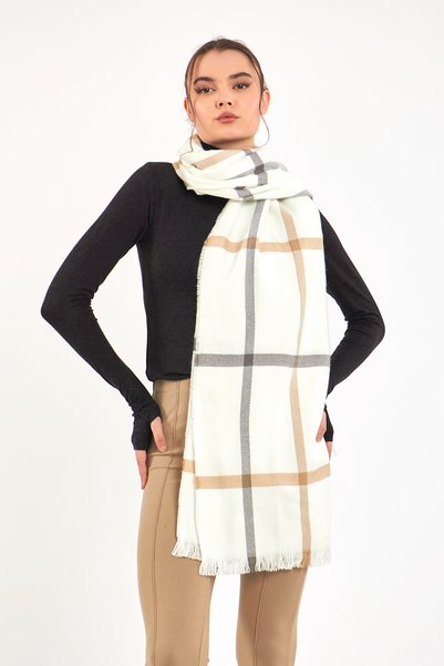 TRENDEDİ Women's Shawl / Scarf White Striped Plaid - Çe1003