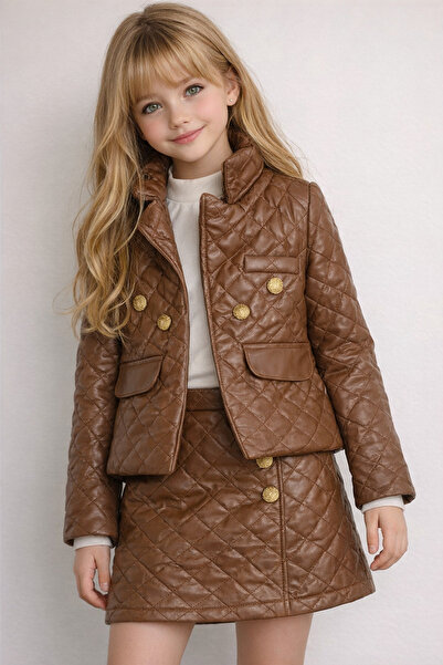 nisaykids kız çocuk kapitone deri ceket-kapitone deri etek-balıkçı yaka uzun ...