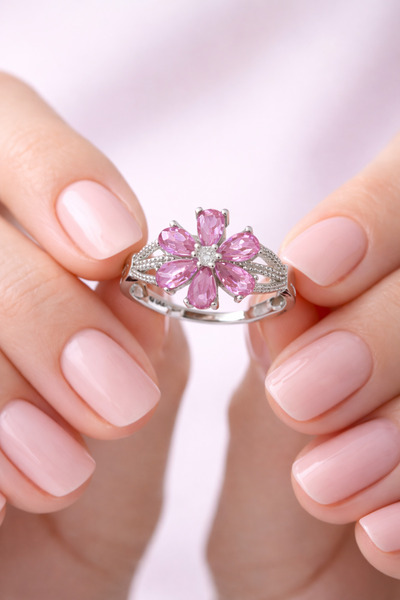 Siset Gümüş 925 Ayar GERÇEK GÜMÜŞ SERTİFİKALI Rodyum Kaplama Pembe Zirkon Taş...