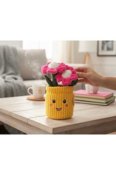 Bohem kutusu Sarı Peluş Saksı Çiçek 23 x 43 cm